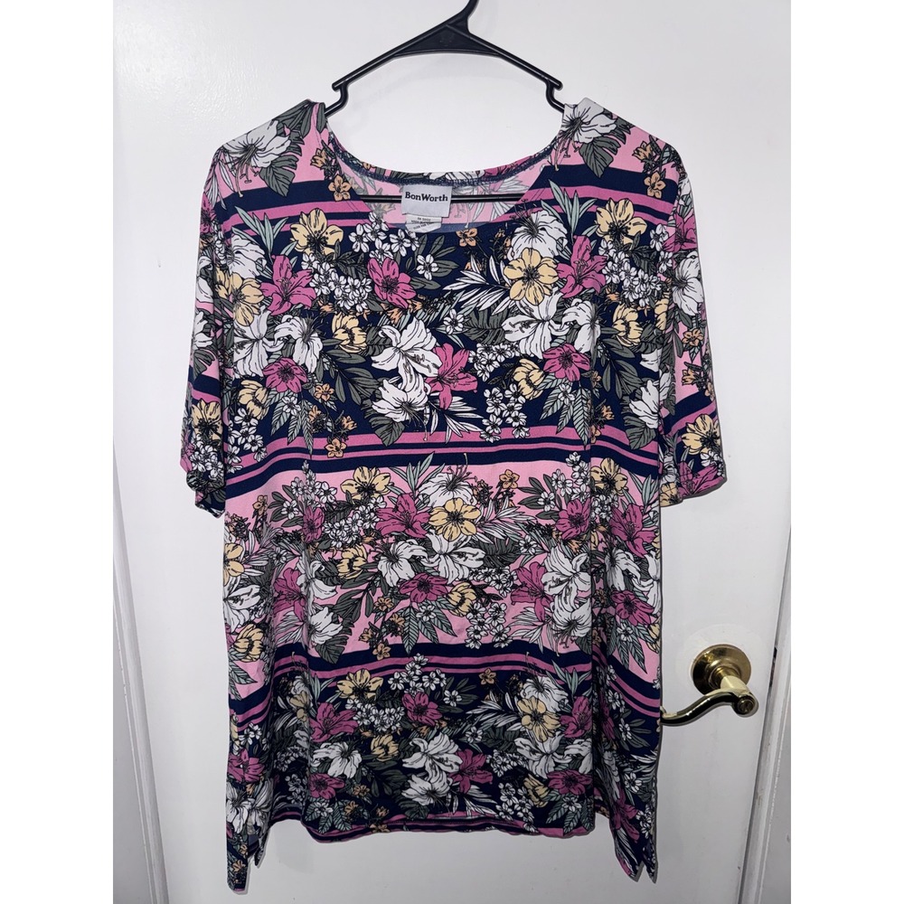 BonWorth Womens XL Floral Stripe Scoop Neck Short Sleeve Top Pink Navy 47638